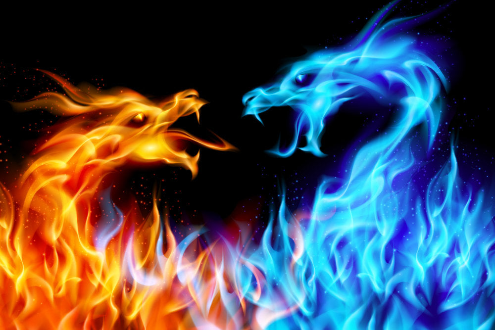 Two dragons - red fiery dragon and blue fiery dragon - dragon gifts ornamental dragons